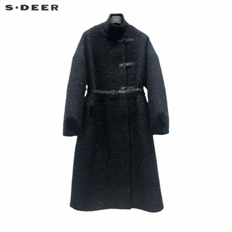 sdeer圣迪奥女装复古立领收腰碎褶长款毛呢大衣S224Z25B2商品大图