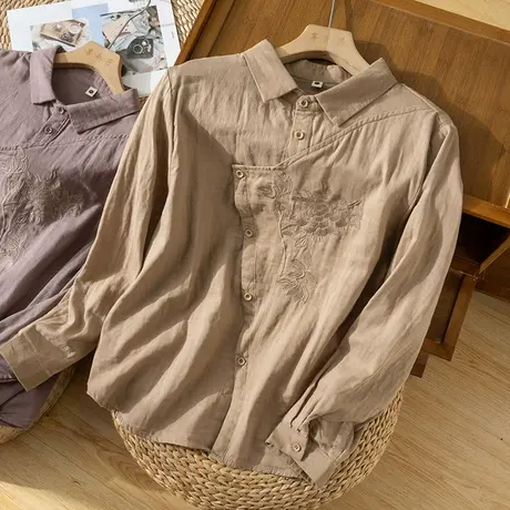 享永子斜襟全棉衬衫女刺绣衬衣文艺复古宽松2023春秋新款图片