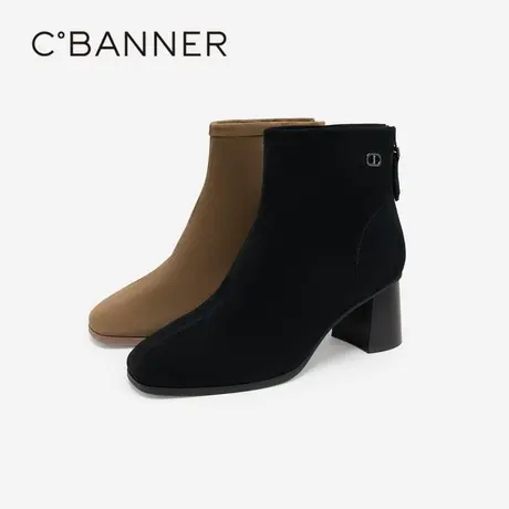 千百度羊皮法式方头时装靴女百搭冬季气质绒面粗高跟洋气小短靴图片