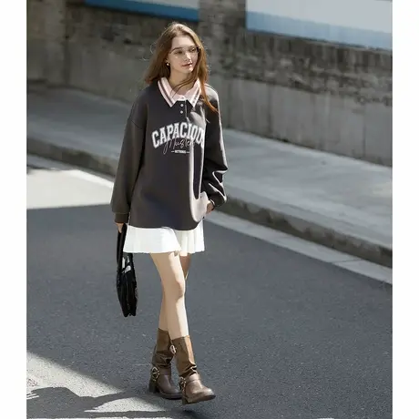 唐狮秋冬季长袖polo衫女美式学院风前胸文字印花撞色慵懒风TUTA图片