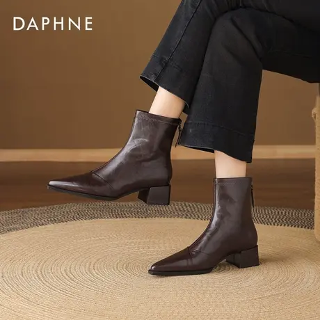 达芙妮尖头短靴子女2026春季加绒瘦瘦靴棕色英伦小皮鞋粗跟马丁靴商品大图