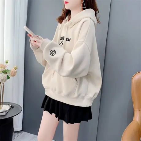 短款小个子连帽卫衣女加绒2022年新款秋冬宽松设计感刺绣百搭上衣商品大图