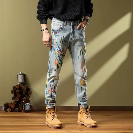 牛仔裤印花直筒宽松百搭高档牛仔裤男士时尚百搭潮流牛仔裤男款商品大图