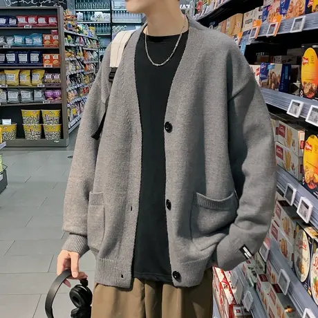 开衫毛衣男春秋ins潮牌宽松休闲纯色v领针织衫韩版慵懒风线衣外套商品大图