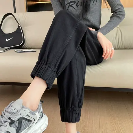 黑色加绒牛仔裤女冬季新款高腰宽松复古直筒束脚哈伦工装老爹裤子商品大图