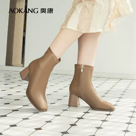 奥康女鞋2023秋冬新款中筒方头时装靴子粗高跟舒适显瘦英伦瘦瘦靴商品大图