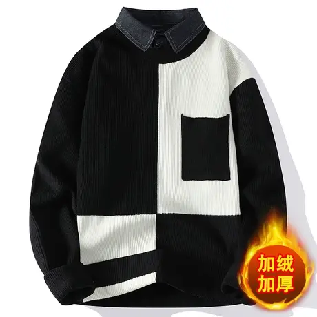 假两件毛衣男冬季加绒加厚潮牌衬衫领针织衫男宽松休闲帅气毛线衣商品大图