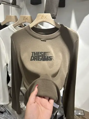 韩版字母印花长袖T恤2023冬季新款圆领加薄绒打底衫抽绳显瘦修身商品大图