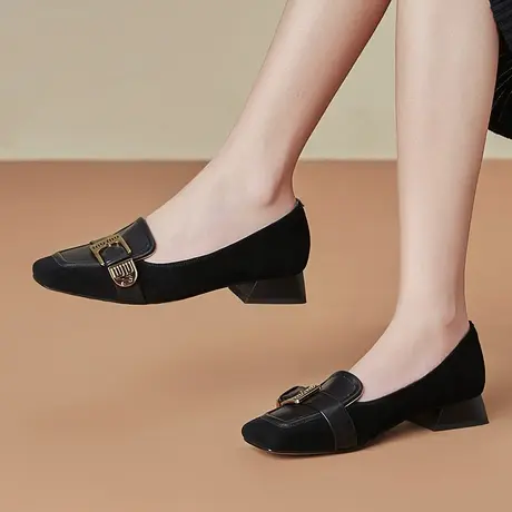 春季低跟单鞋女时尚英伦风皮带扣里外真皮透气舒适不闷脚方头单鞋商品大图