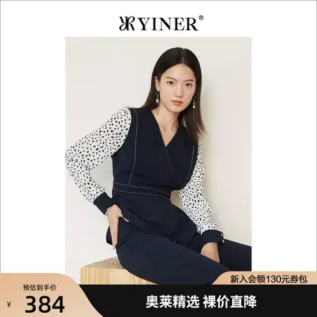 YINER音儿女装2022春季新款印花拼接花边V领衬衫商品大图