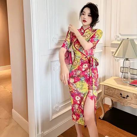 别致惊艳设计感绝美盘扣改良旗袍新款修身包臀新中式碎花连衣裙女商品大图