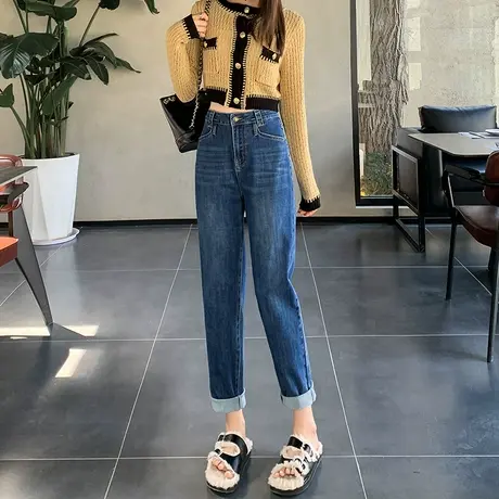 复古哈伦牛仔裤女2023春秋新款高腰宽松显瘦卷边九分萝卜老爹裤子商品大图