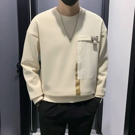 设计感拼接撞色卫衣男秋冬款加绒加厚打底衫体恤ins套头个性上衣图片