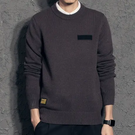 奕飏2019新款纯色圆领毛衣男 冬季日系复古补丁针织衫潮 毛线衣男图片
