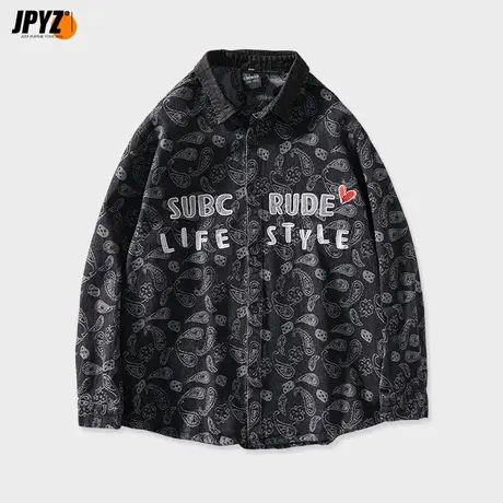 春秋日系腰果花牛仔衬衫长袖男宽松潮牌爱心刺绣衬衣情侣外套男商品大图