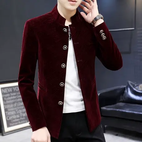 外套男士加绒加厚秋冬季韩版中山装青年潮流帅气立领西装唐装夹克商品大图