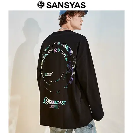 木村三社SANSYAS 圆领纯棉宽松长袖t恤男反光腰果花春秋款上衣商品大图