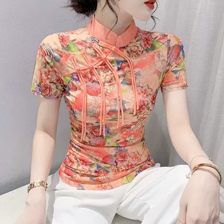 复古高级感盘扣T恤女短袖夏国潮风气质印花上衣时尚立领网纱小衫商品大图