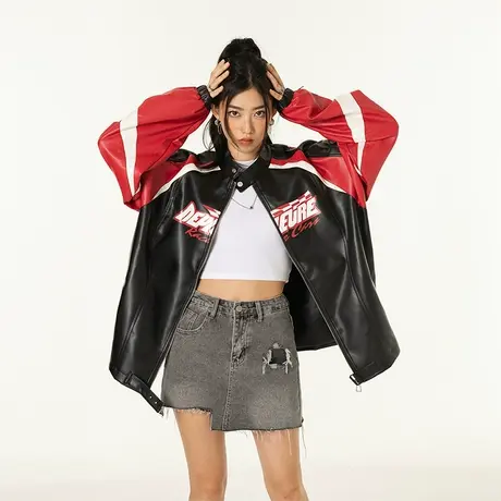潮牌拼接机车风外套女2023新款春秋美式复古pu皮夹克外套宽松上衣商品大图