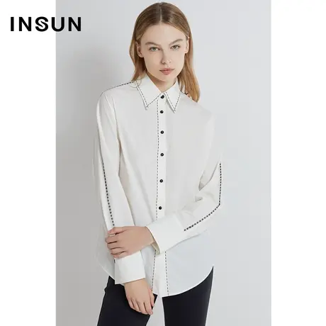 INSUN恩裳线上专选春季撞色纽扣绣花棉质衬衫图片
