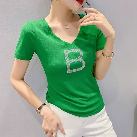 网红t恤夏女装2024新款修身洋气V领上衣时尚烫钻短袖小衫修身体恤商品大图
