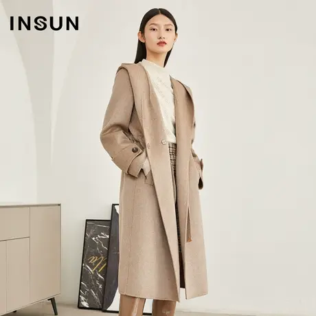 恩裳冬季双面呢衣连帽收腰山羊绒毛呢外套商品大图