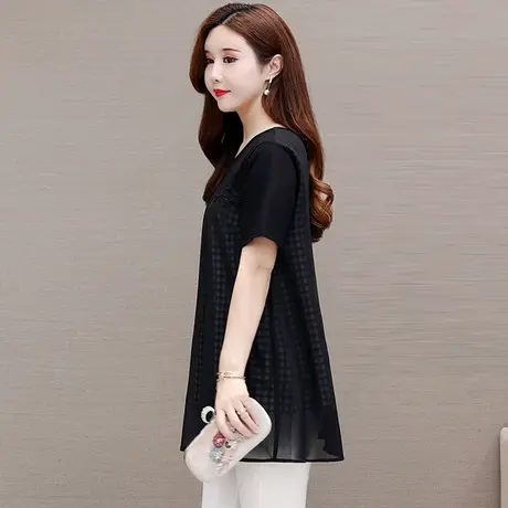 大码短袖雪纺衫女夏季2023新款胖MM中长款宽松显瘦遮肚子洋气小衫图片