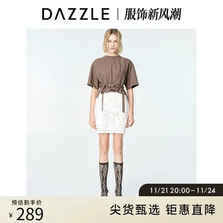 DAZZLE地素奥莱 春夏蝴蝶胶印短款小众系带设计感短袖T恤女图片