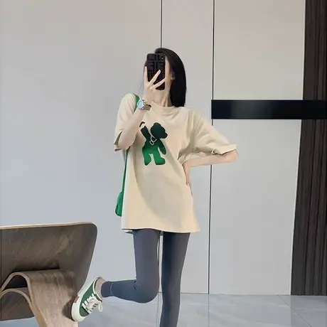 中长款杏色短袖t恤女纯棉2023新款欧货宽松大版洋气小众百搭ins商品大图