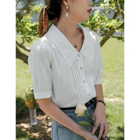 弥古法式泡泡袖白衬衣女夏短袖高级感白色娃娃领衬衫小众别致上衣图片