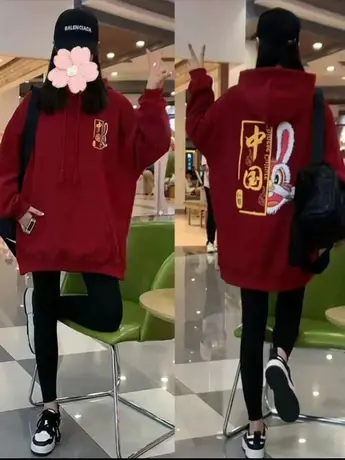 国潮加绒加厚卫衣女秋冬季新款韩版宽松百搭刺绣长袖连帽外套上衣商品大图