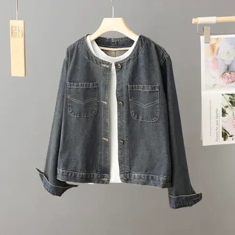 复古文艺牛仔短款外套女春秋2024新款宽松显瘦设计感圆领夹克上衣图片