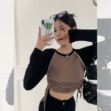 白色长袖t恤女秋冬季设计感抽绳短款内搭洋气修身薄款打底衫上衣商品大图