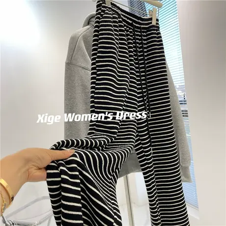 黑白条纹休闲裤女秋显瘦宽松慵懒风松紧高腰拖地直筒阔腿裤春2023图片