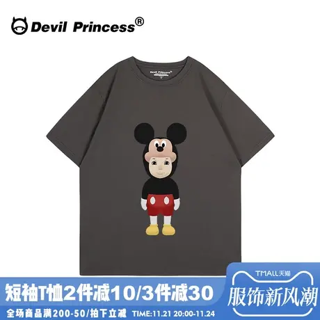 欧货大版卡通ins风潮牌深灰色短袖t恤女2024夏季新款宽松正肩上衣商品大图