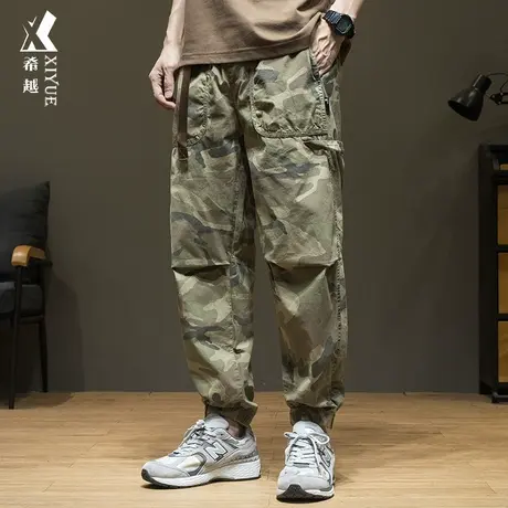 春秋美式复古迷彩冰丝休闲裤男轻薄凉感工装裤子宽松大码九分长裤商品大图