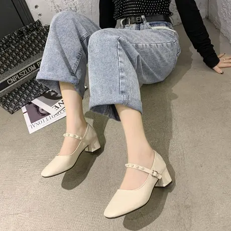 法式文艺小单鞋女方头百搭高跟鞋复古一字扣粗跟赫本玛丽珍伴娘鞋图片