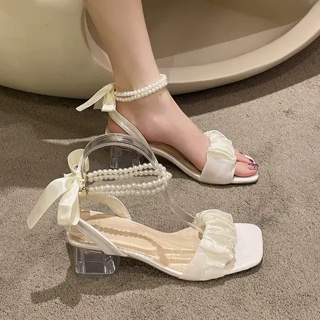 网纱高跟鞋女夏季2023年新款中粗跟水晶法式仙女珍珠罗马凉鞋ins商品大图