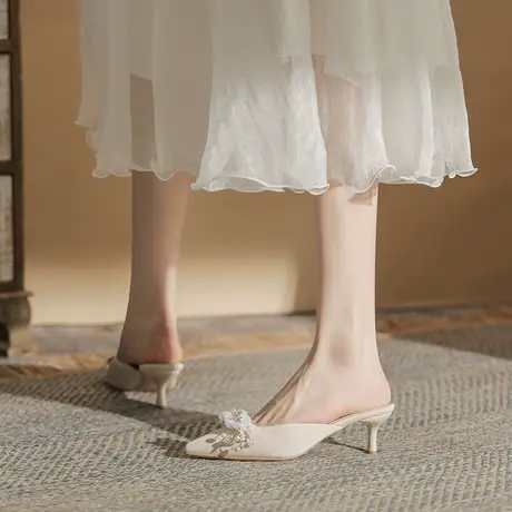 包头半拖鞋女外穿2024年夏季新款仙女风细跟高跟鞋时尚尖头穆勒鞋图片