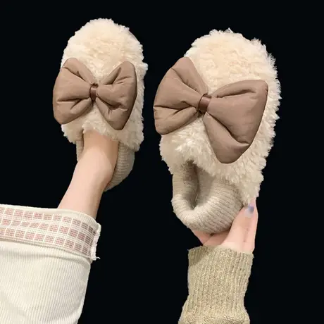 棉拖鞋女士冬季包跟可爱蝴蝶结家居室内家用毛绒防滑保暖月子棉鞋商品大图