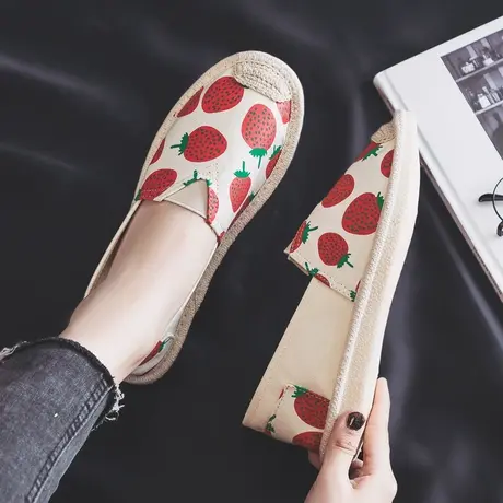 老北京草莓帆布鞋女韩版ulzzang原宿百搭平底渔夫鞋一脚蹬懒人鞋商品大图