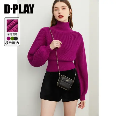 DPLAY冬羊毛保暖玫瑰紫高腰节落肩高领套头毛衣短款女上衣图片