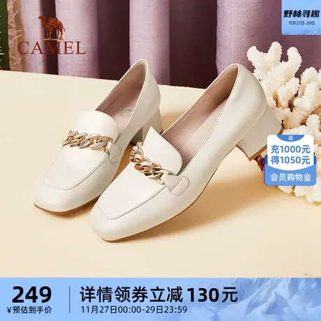 骆驼女鞋2023秋季新款真皮方头英伦风休闲粗跟单鞋女乐福鞋图片