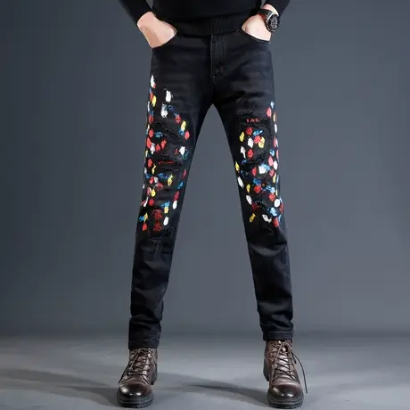 黑色破洞牛仔裤男宽松小脚潮牌秋冬款泼墨个性痞帅男士裤子潮破商品大图