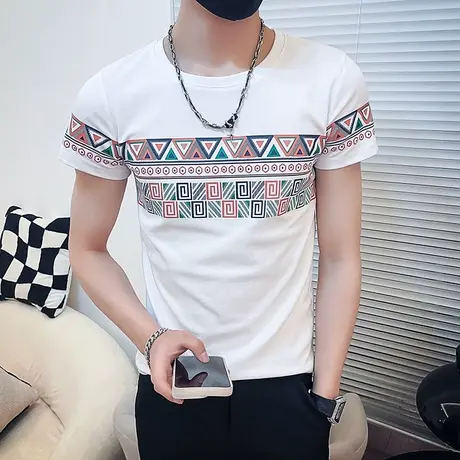 2023夏季男士t恤打底衫男装短袖修身半袖潮流圆领民族风时尚体恤商品大图