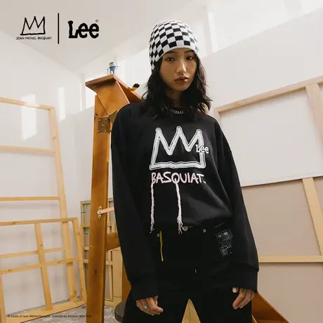 【Basquiat联名】Lee24春季新品舒适绣花流苏后开叉黑色女卫衣潮图片
