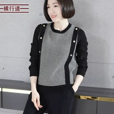 针织圆领长袖女装格子拼接袖子宽松2024新款春装妈妈大码撞色上衣商品大图