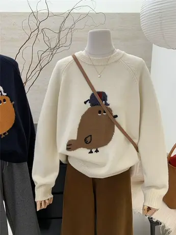 加厚毛衣女2024秋冬新款韩系宽松慵懒风小鸟图案羊毛针织衫上衣图片