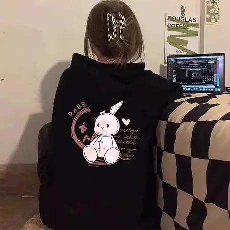 美式oversize黑色连帽卫衣女2024新款秋冬重磅加绒慵懒风爆款外套图片