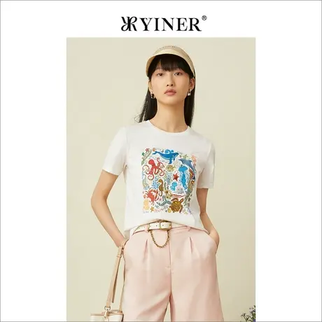 YINER音儿女装2022夏季短袖薄款白色针织衫印花上衣女图片